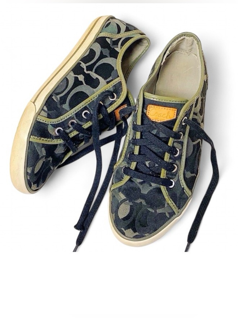Coach Signature C Logo Sneakers Women’s Size 10 Low Top Black Gray Green Trim